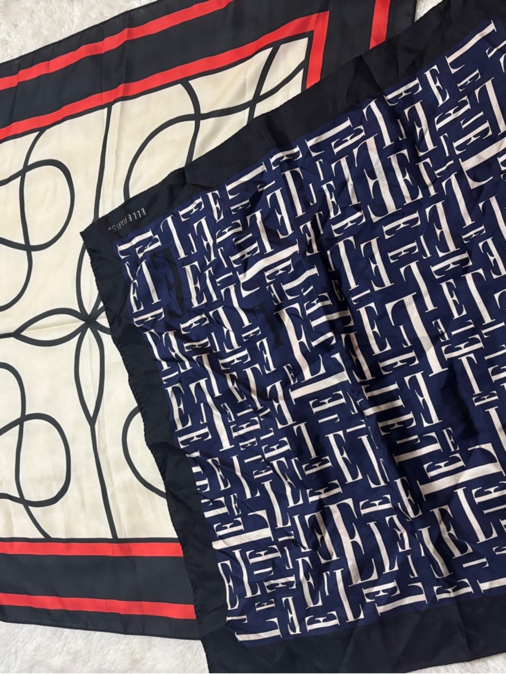 Elle Navy, Cream and Red Logo Silk Scarf
